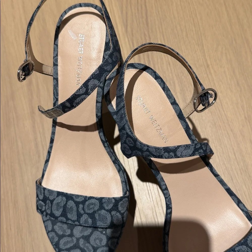Stuart Weitzman‎ Leopard Print Denim Platform Block Heel Sandals Size 9